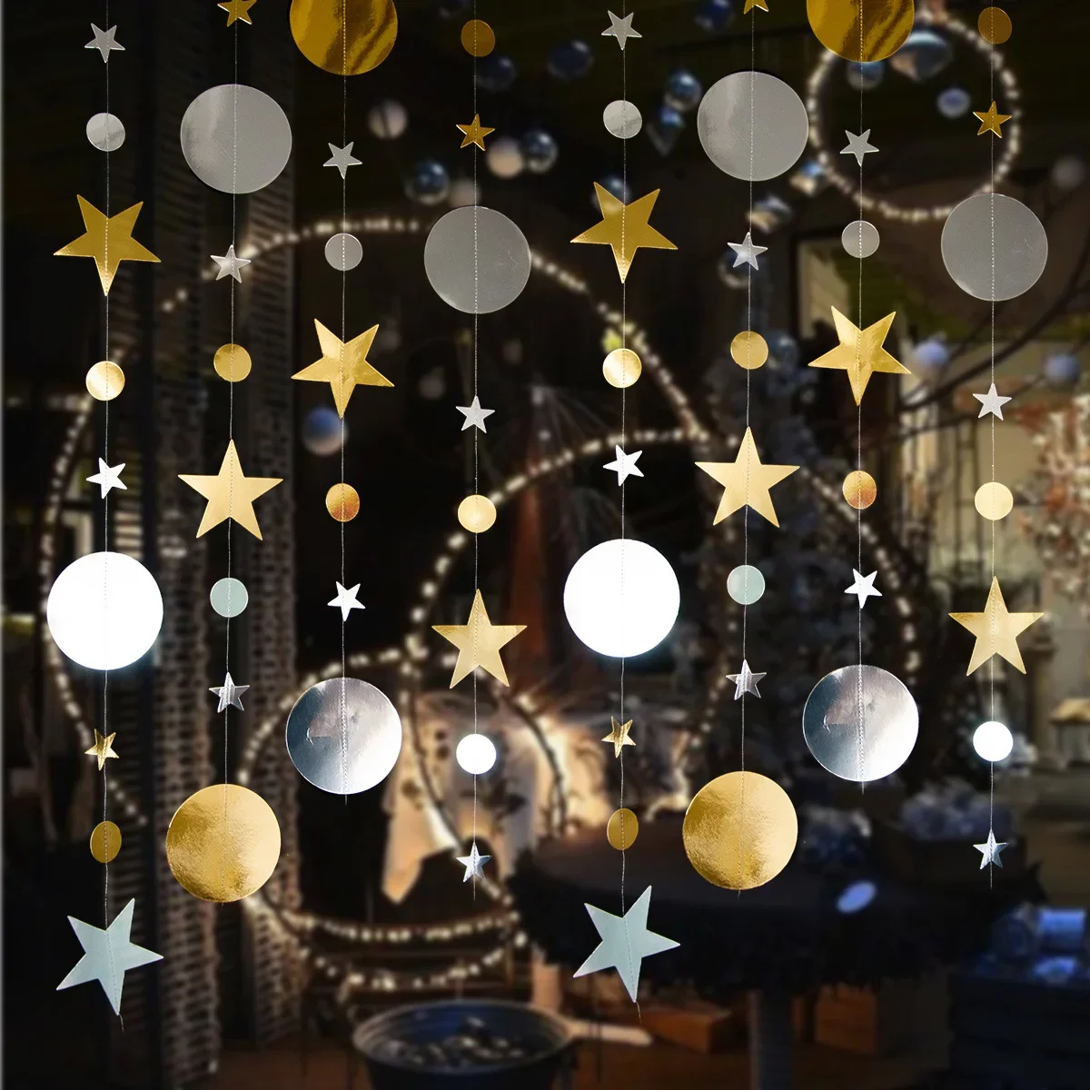 4M Glitter Black Sliver Paper Flag Banner Twinkle Star Circle Garland Streamer Banner New Year 2024 Christmas Wedding Decoration