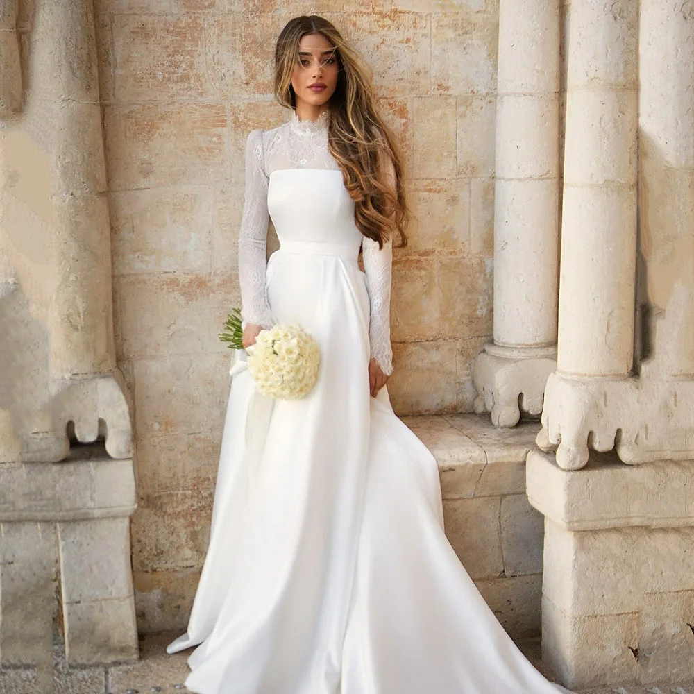 

Vintage Mermaid Wedding Dress Women Long Sleeve Wedding Gown Lace O-Neck Satin Bridal Gown Belt Vestidos De Noiva Customized