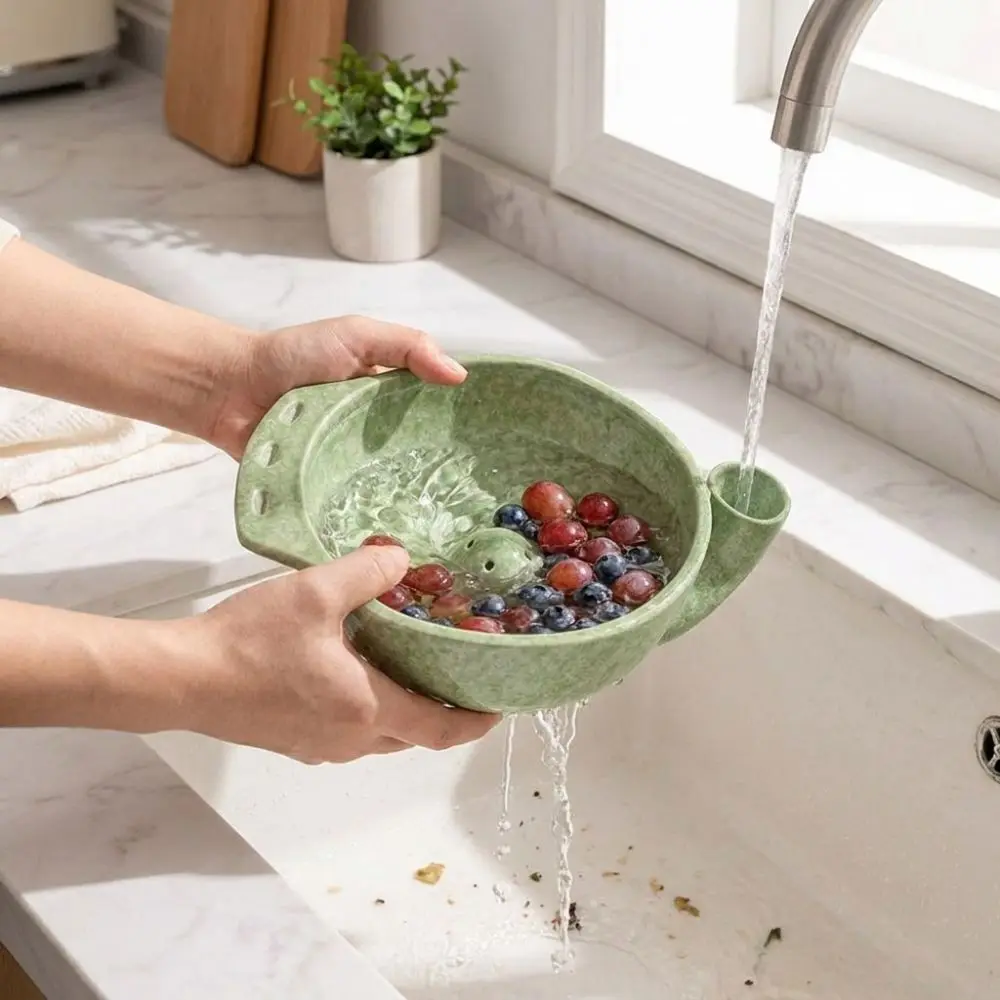 Self Spinning Automatic Fruit Washing Bowl 360° Cleaning Drainage Hole Self-Rotating Fruit Cleaner with Fruit Fork