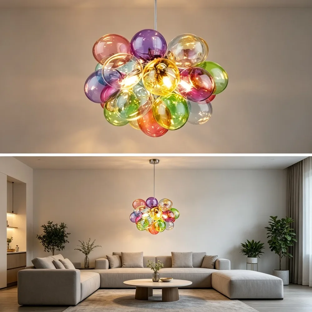 LED Balloon Chandelier Colorful Glass Ball Bubble Ceiling Lamp for Living Room Bedroom Home
