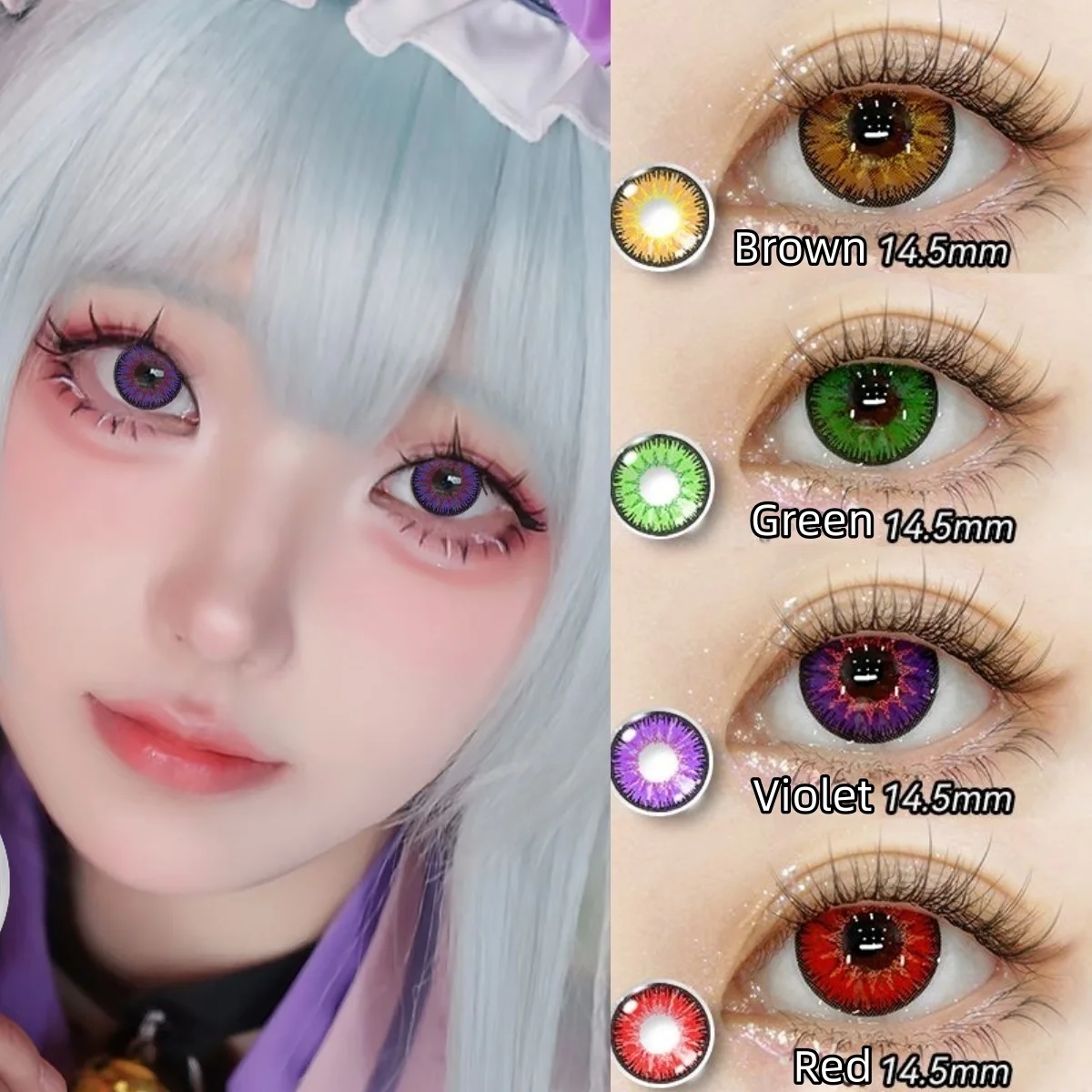 VISUASHOW Anime Cosplay Farbige Kontaktlinsen 6 Monate Einweg 1 Paar Violett Niedliche Große Augen Weiche Linsen für Cosplay Party Make-up – Detail 1