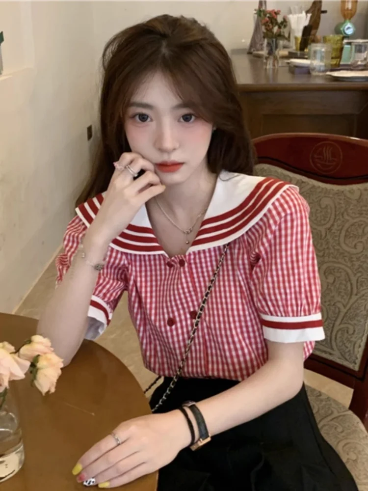 

Red Plaid Naval Collar ort Sve Bubble Sve irt Women's Summer Vintage Beautiful Unique Super Cute Top Korean Sle L...