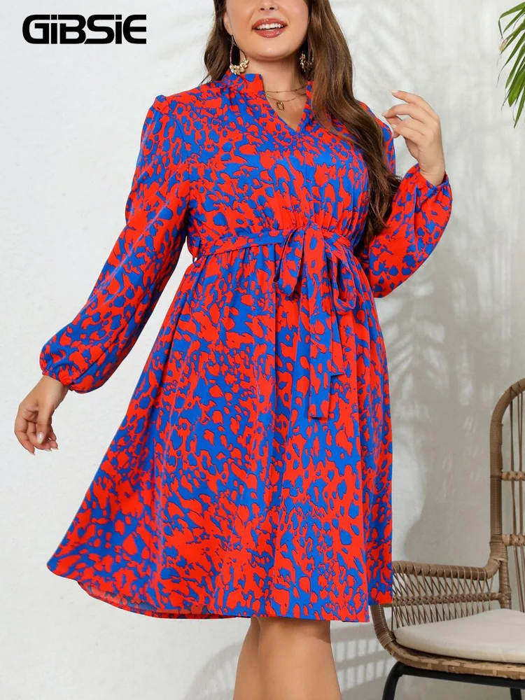 GIBSIE Plus Size Womens Casual Print Notch Neck Belted Dress Fall High Waist Long Sleeve Elegant Office Lady Midi A-Line Dresses