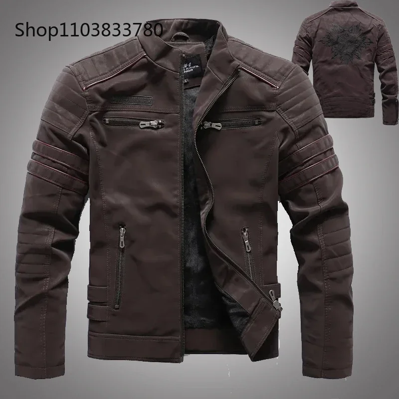 

Winter Leather Jacket Men Fleece Warm Causal Motorcycle Embroidery PU Coats Multi-pocket Vintage Outwear Male Autumn Jackets