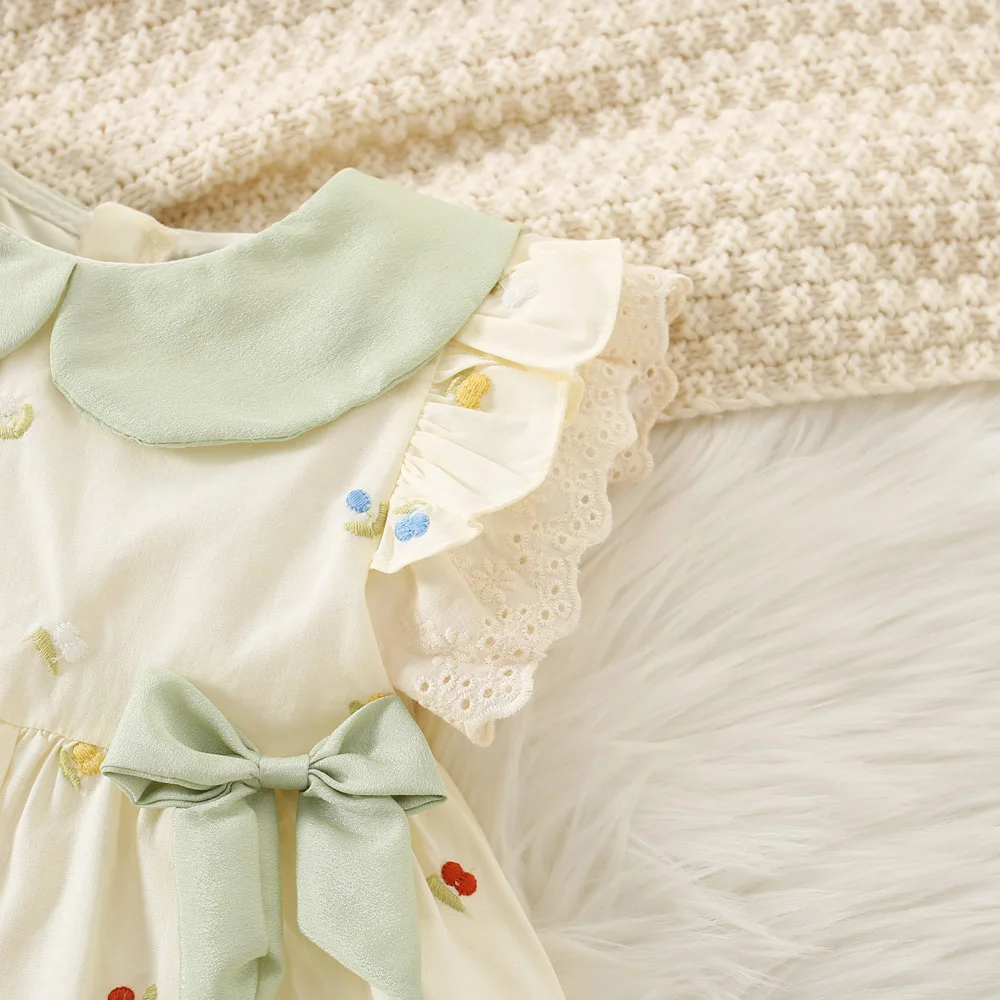 Summer Girls 0-3 Year Old Dress Girl Baby Full of Embroidered Lapel Two Bow Ties Lace Small Flying Sleeves Princess Dress