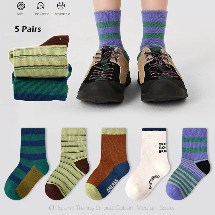 

5 Pairs Autumn Socks Boys Medium Socks Trendy Striped Pattern Cotton Sock Baby Mid Calf Sock