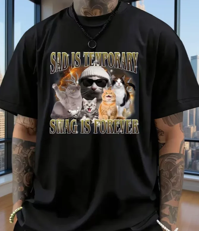 Stylish Versatile Men's Casual Summer T-Shirt  Sad Is Temporary, Swag Is Forever Cat Print  Round Neck, Short Sleeve, Cat Shirt