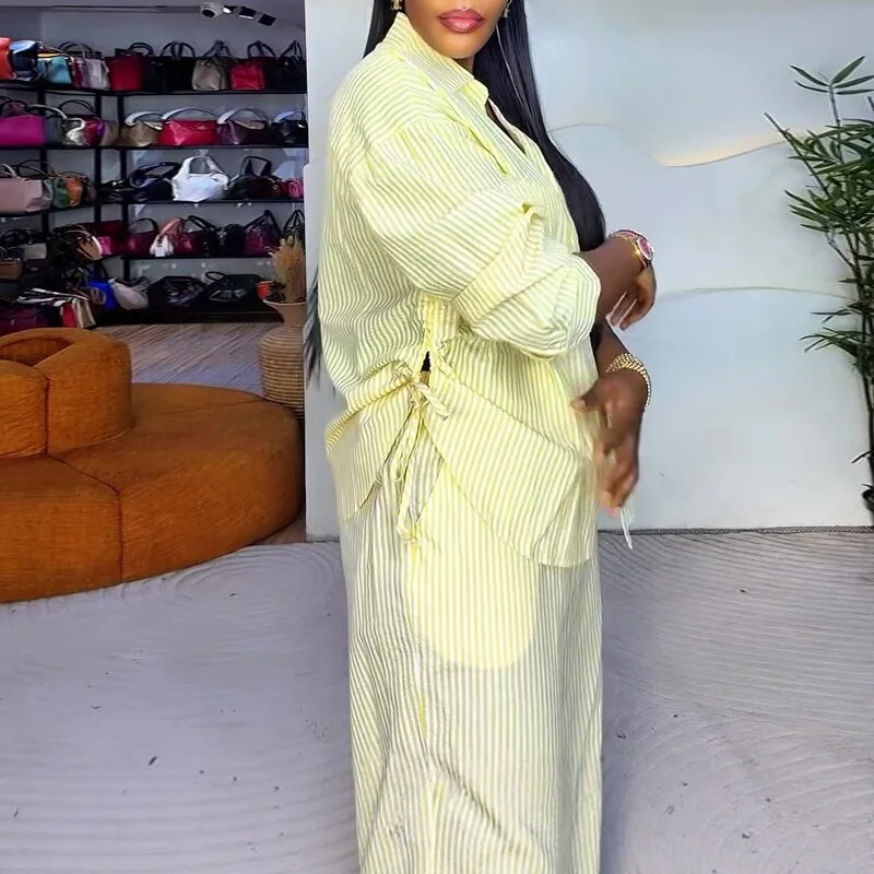 New Design African Fashion Women Two Piece Set Yellow Striped Full Sleeve Side drawstring Long Loose Shirt And Pants Set Outfits