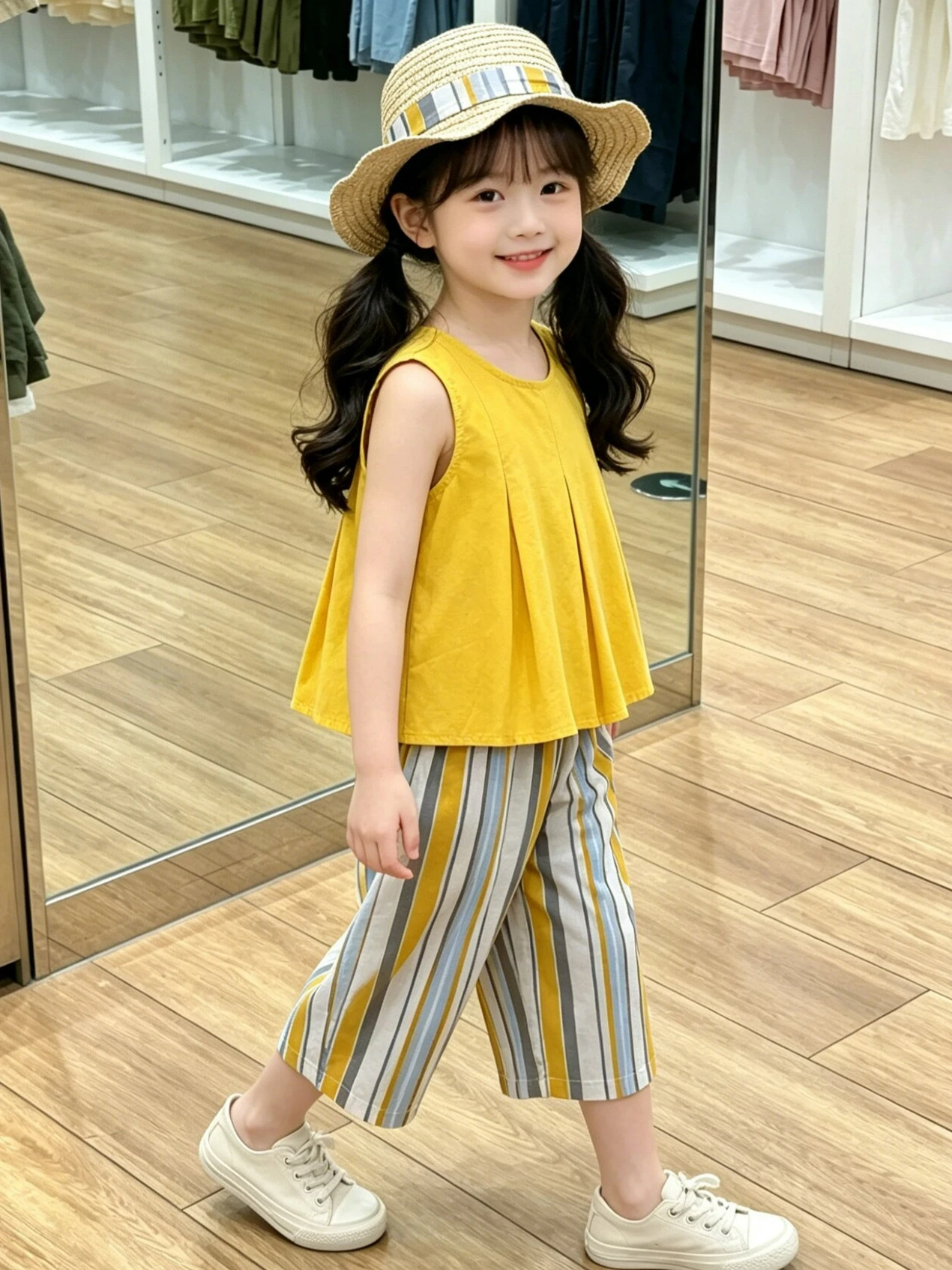 Summer Temperament Children's Clothing Sets Girls' Vacation Cute Doll Shirt+ Mosquito Proof Striped Stylish Pants Hat Included