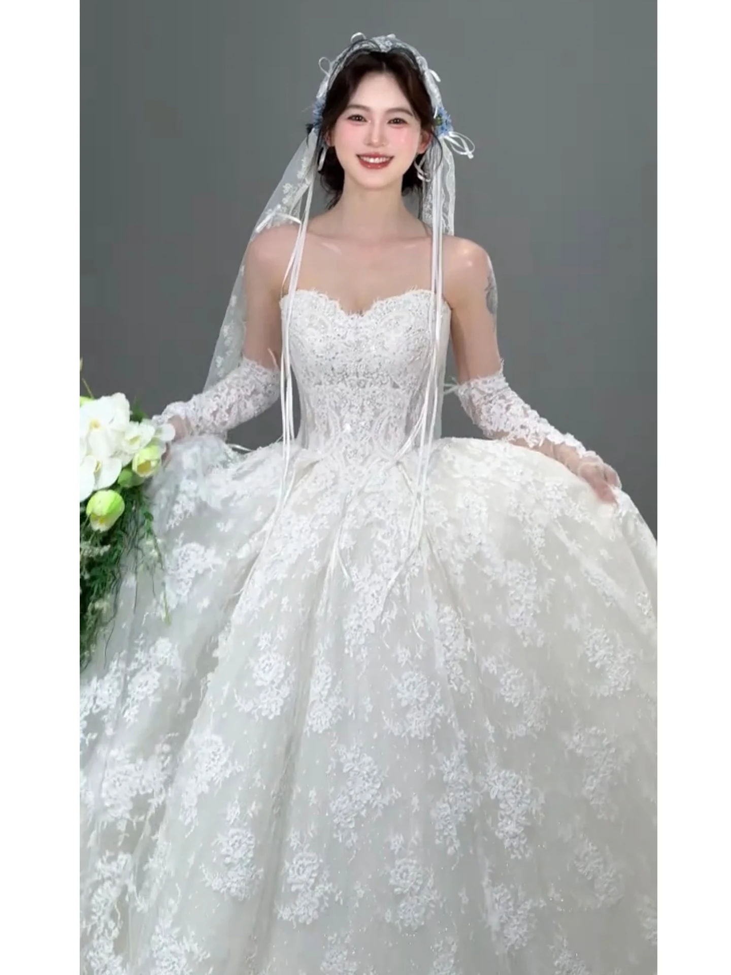 

High-End Lace Bridal Gown Strapless Vintage Forest System Main Summer New Arrival Elegant Quality Long Tail Floor Length Dress