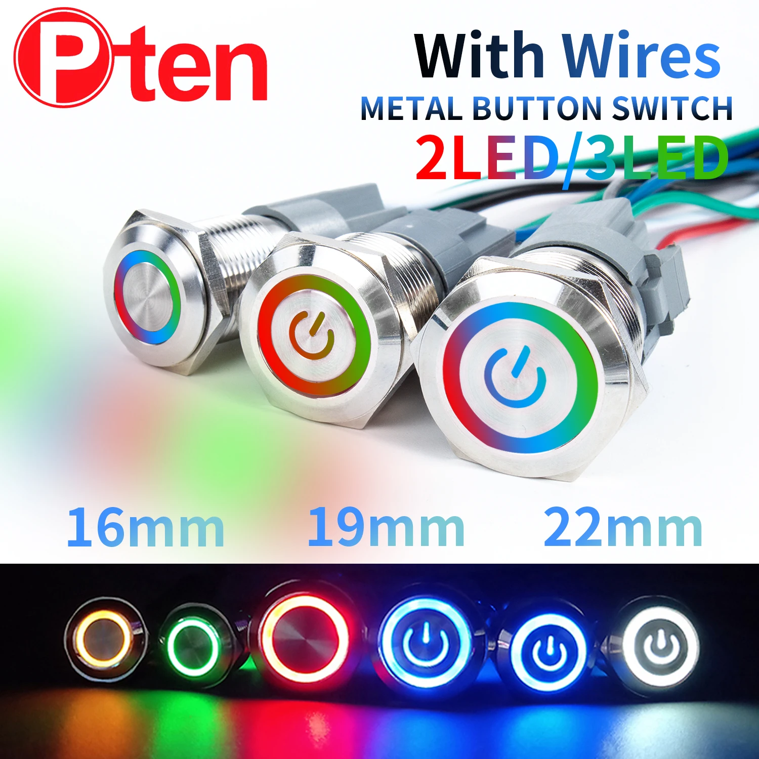 16 19 22mm tri-color  R/G/B LED With Wire Waterproof Metal Push Button Switch  LED Ring/Power Momentary Latching  1NO1NC