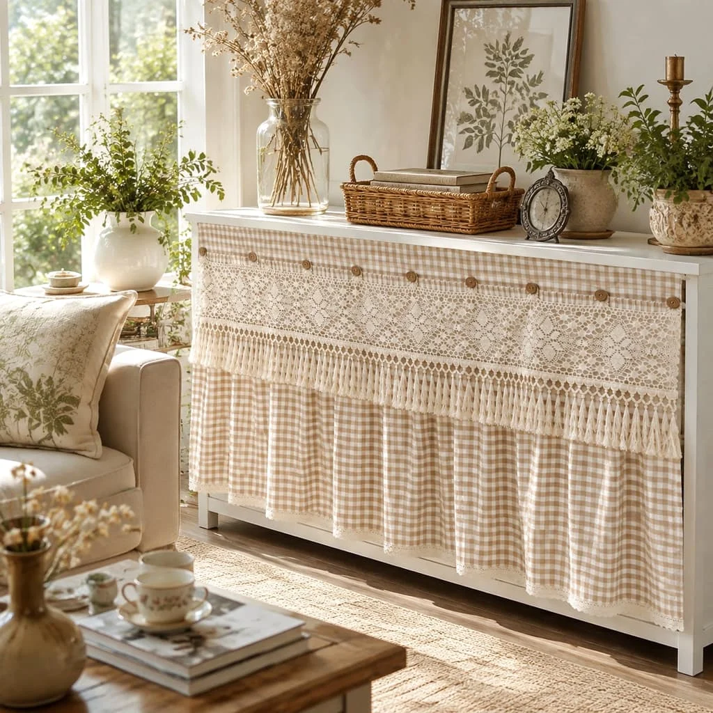 1PC Pastoral Apricot White Lattice Short Curtain,  Oven Curtain, Hollow Tassel Decoration, for Kitchen, Cabinet, Study, Cafe