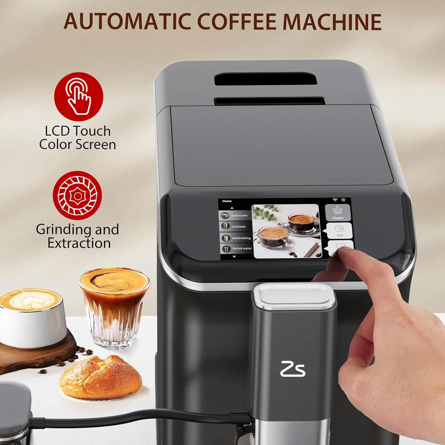 Macchina per caffè espresso completamente automatica, caffettiera touch screen con montalatte automatico, 20 bar, macinacaffè incorporato