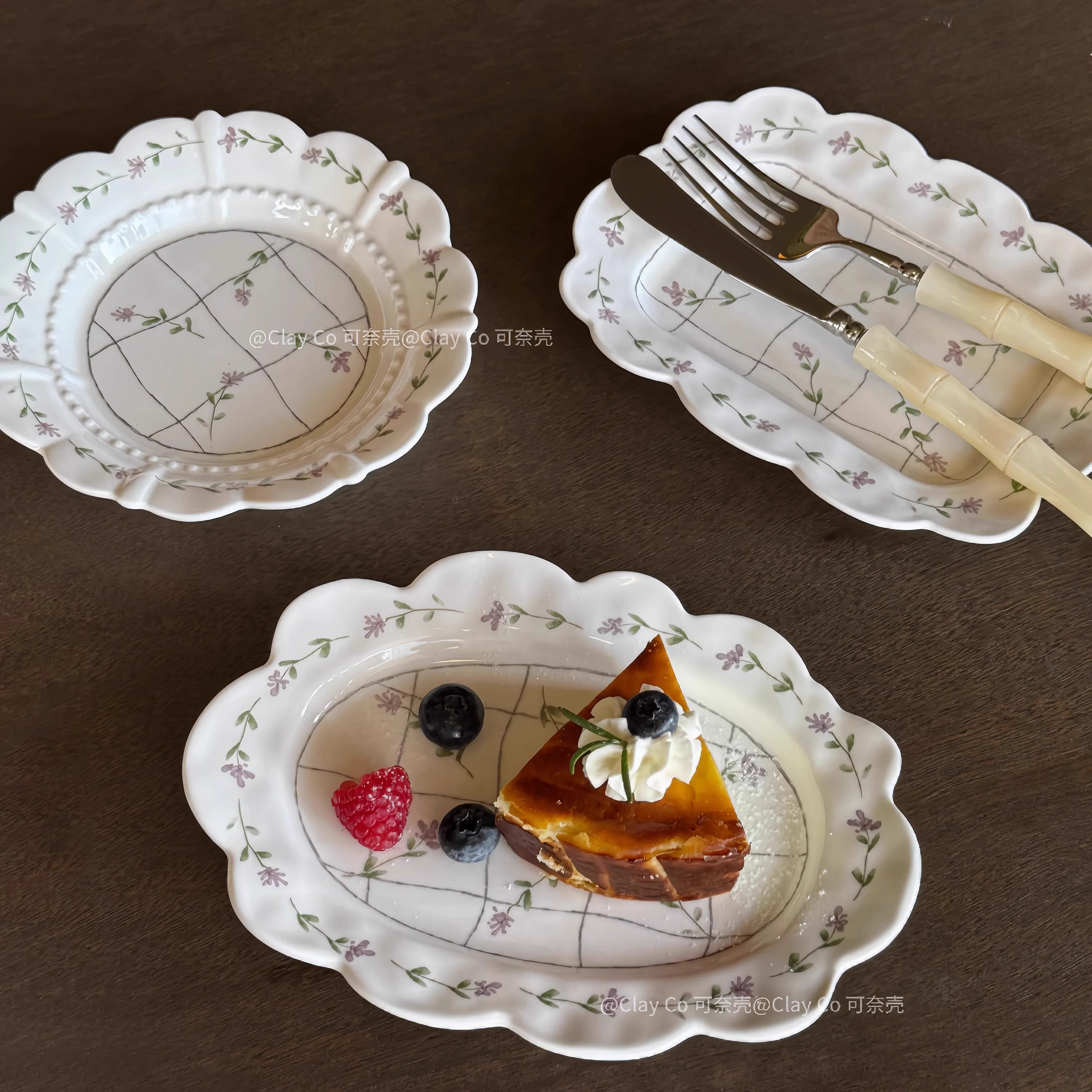 Mid-Century Minimalist Checkered Floral Ceramic Square Oval Dim Sum Plates, Bowls, Plates, Coffee Cups, Saucers, And Tableware