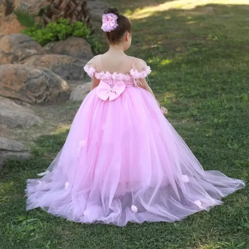 

Pink Puffy Flower Girl Dress Bow Kids Wedding Party Dresses Illusion Neck Baby Birthday Costumes First Communion Dress