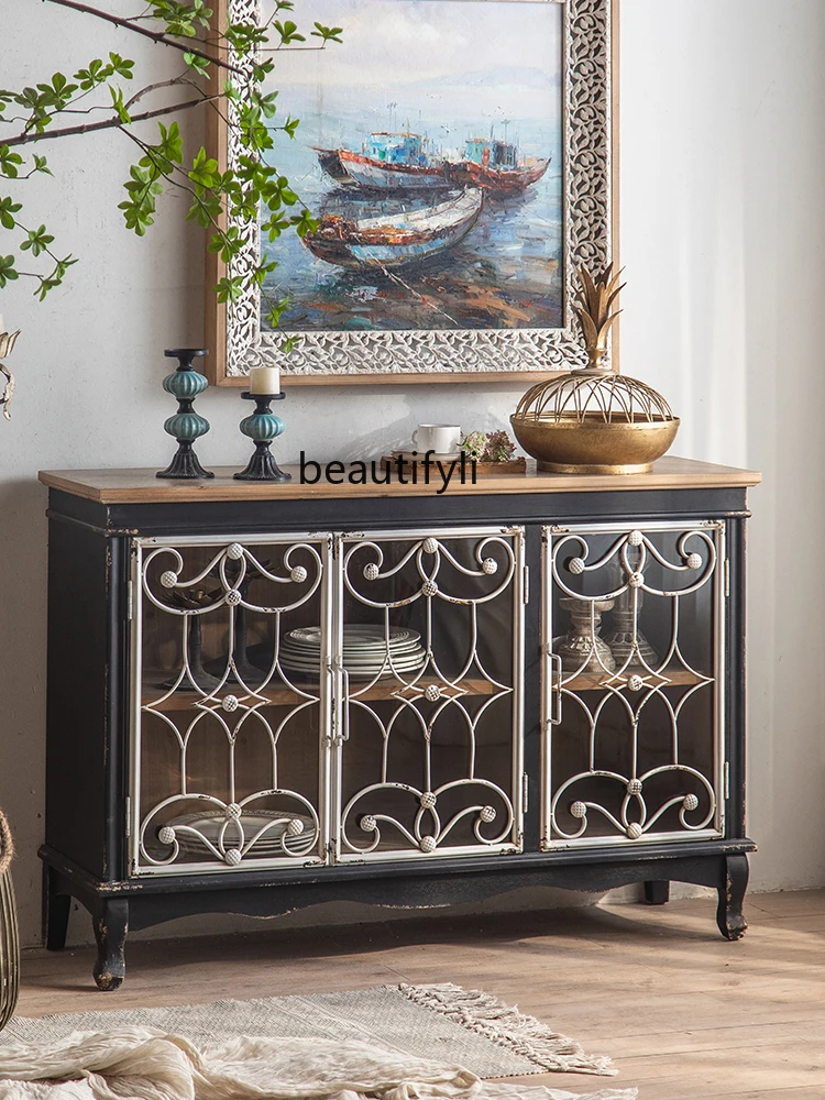 

French Retro Black Sideboard Cabinet Solid Wood Floor Wall Glass Doorway Entrance Cabinet Living Room Partition Cabinet