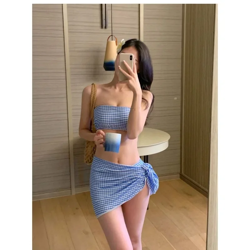 

New 3 Pieces Set Swimsuit Women Blue Plaid Swimwear Sexy Bandeau Bikini Mid Waist with Skirts Beach Wear Bathing Suit Korean