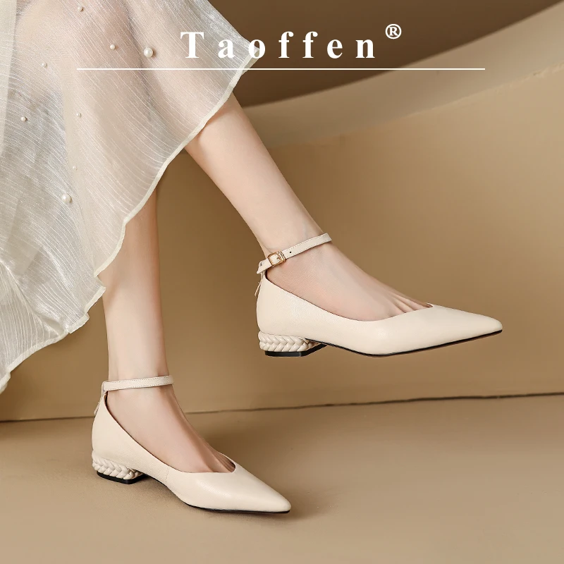 Taoffen Casual Women\'s Flat Shoes Real Leather Pointed Toe Shoes Fashion Buckle Strap Footwear Solid Office Commuting Lady Pumps