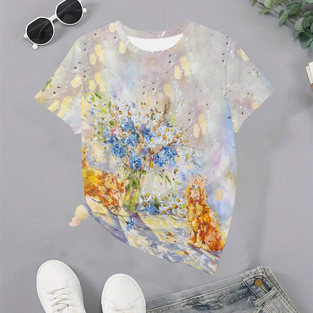 

Женская разноцветная футболка с абстрактным принтом вазы и кошки - летняя повседневная модная футболка с круглым вырезом и короткими рукавами