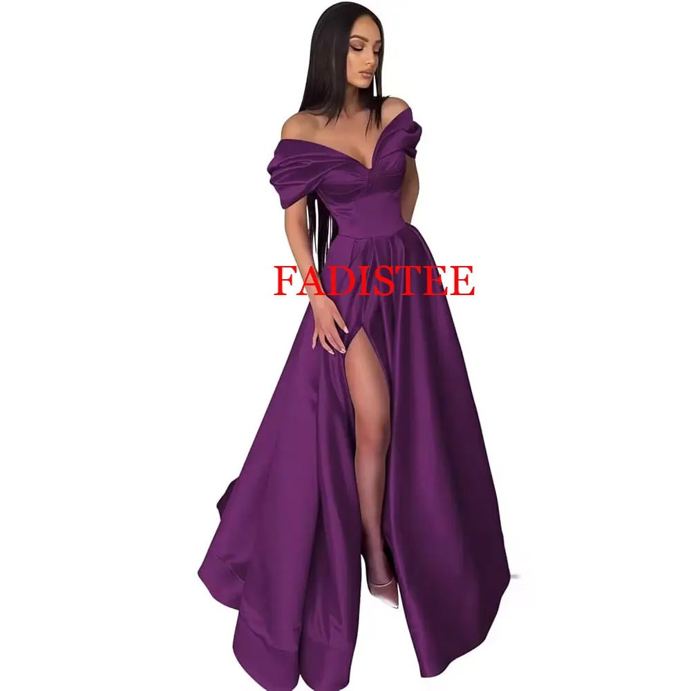 Elegant Pleats Prom Dresses Satin Side Slit Evening Gown Off The Shoulder Party Evening Dress For Woman Formal Robes De Soirée