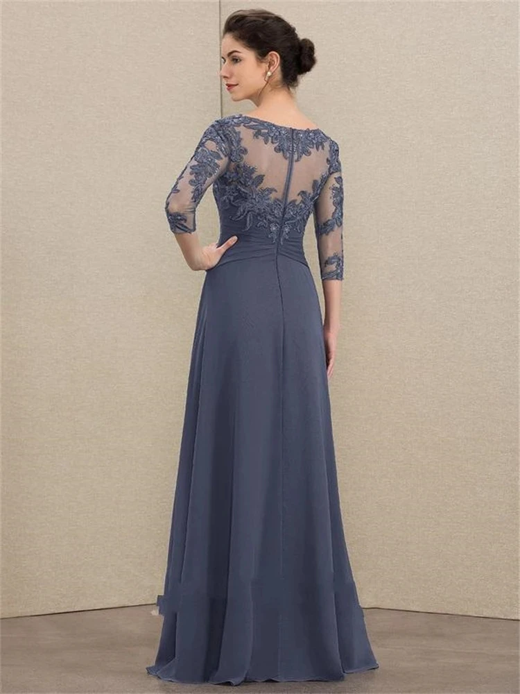 Elegante A-lijn Hals Floor Chiffon Lace Moeder Van De Bruid Jurken Met Cascading Ruches Elegante Dames Party gown