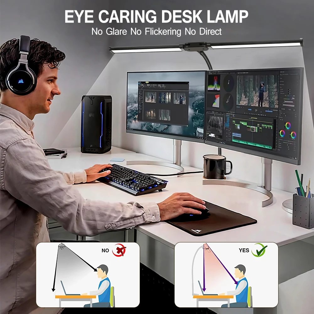 Clip LED Desk Lamps Double Head Dimmable Reading Monitor Light 5Color Modes Light for Office Study Working Folding Lights image 4