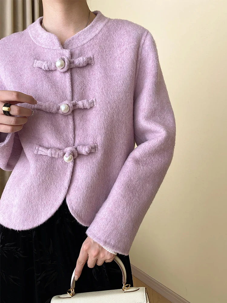 

Новое китайское шерстяное пальто с круглыми пуговицами из фиолетового жемчуга, женское, дизайнерское, в стиле ретро, из полиэфирного волокна 100%
