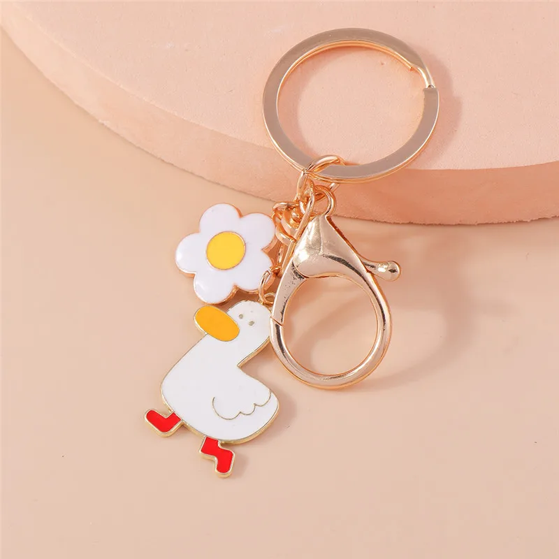 Aihua Cute Flower and Little Yellow Duck Keychain For Women Men Girls Lovely Duck Key Rings Handbag Car Key Jewelry Accessories