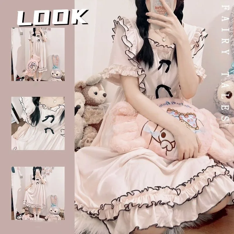 Ruffles Nightgowns Women 2024 Summer Pajamas Lolita Bow Nightdress Soft Simulation Silk JK Sleepwear Girls Sweet Homewear Dress