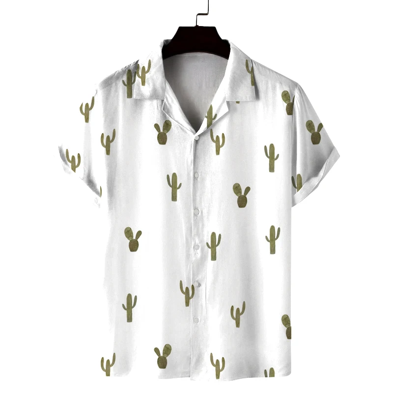 Men's Summer Cuban Collar Short-Sleeved Shirt with Cactus Print Men's Shirt Comfortable, Breathable and Versatile