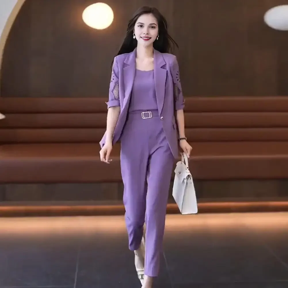 Women Office Wear Suit Women Formal Suit Elegant Women\'s Formal Suit Set with Sleeveless Vest High Waist Pants Half for Office