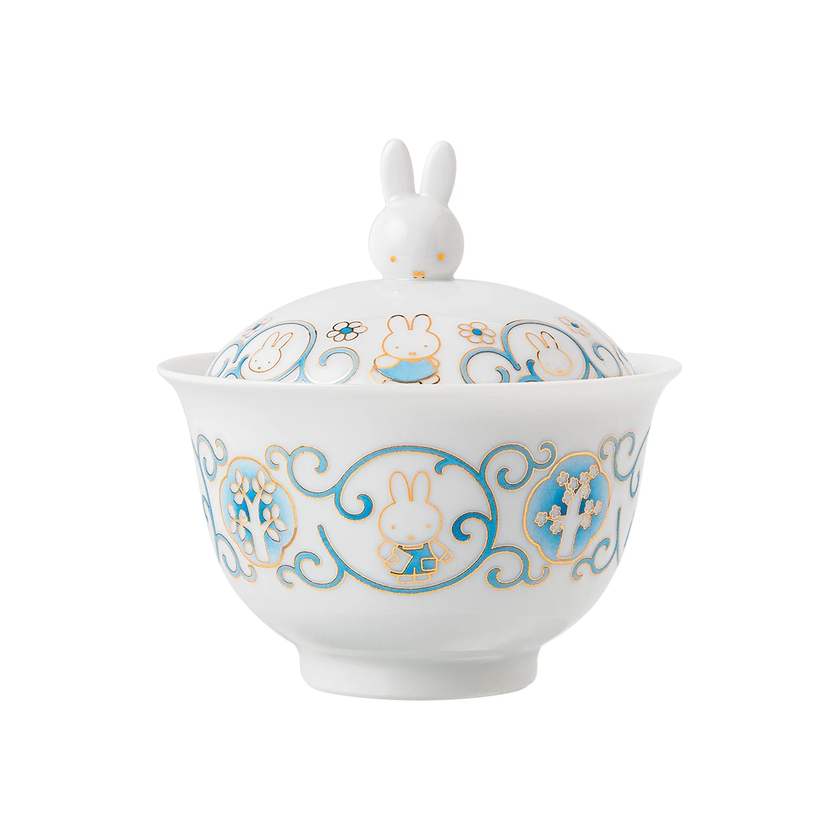 Miffy Lidded Tea Bowl, Four Seasons Gaiwan, Jingdezhen Porcelain 185ml Tea Bowl, 3D Bunny Lid, Blue Gold Scroll Tea Ware, Gift
