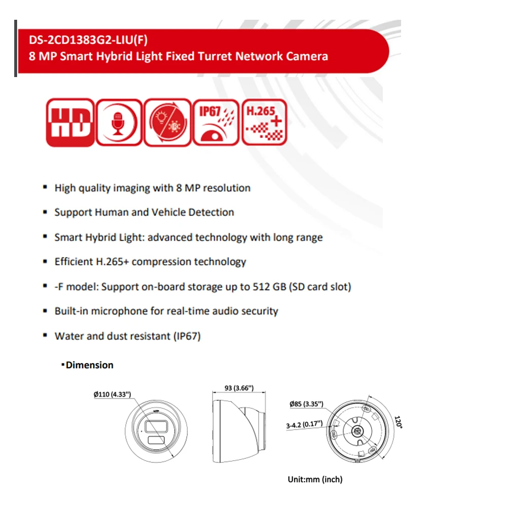Hikvision 8MP IP Camera DS-2CD1383G2-LIU 4K Smart Hybrid Light With Dual-Light IR White Light Built-in Mic Turret Network Camera