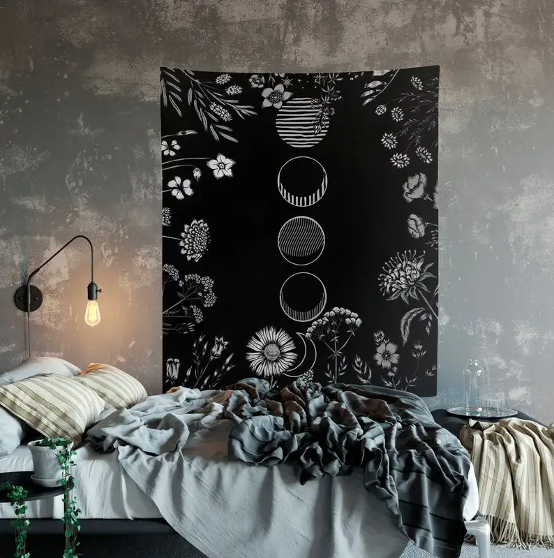 Moon Flowers Black White Tapestry Alchemy Gothic Meditation Hippie Wall Hanging