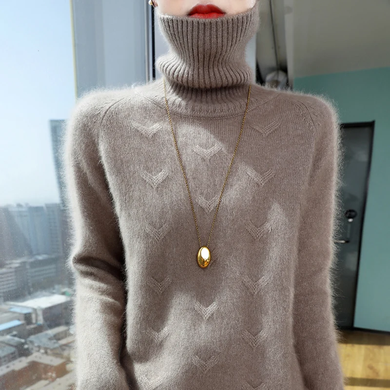 100% mink cashmere sweater Autumn-winter new women's turtleneck pullover Fashion printed knit warm base shirt top