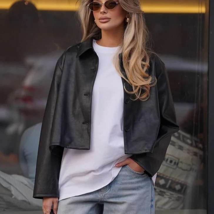 سترة جلدية غير لامعة كلاسيكية للنساء قصيرة أنيقة طية صدر السترة نمط الخريف الشتاء Normcore الوافدين الجدد