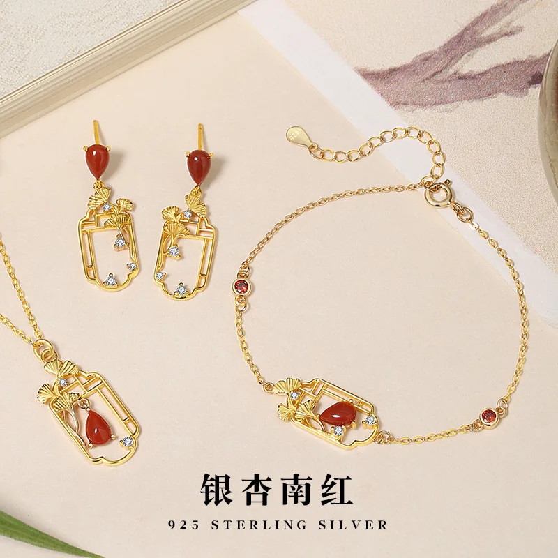 San Sheng Lucky Sterling Silver Necklace New Chinese Chaonan Red Agate Water Drop Collar Chain Ins Ginkgo Leaf Pendant