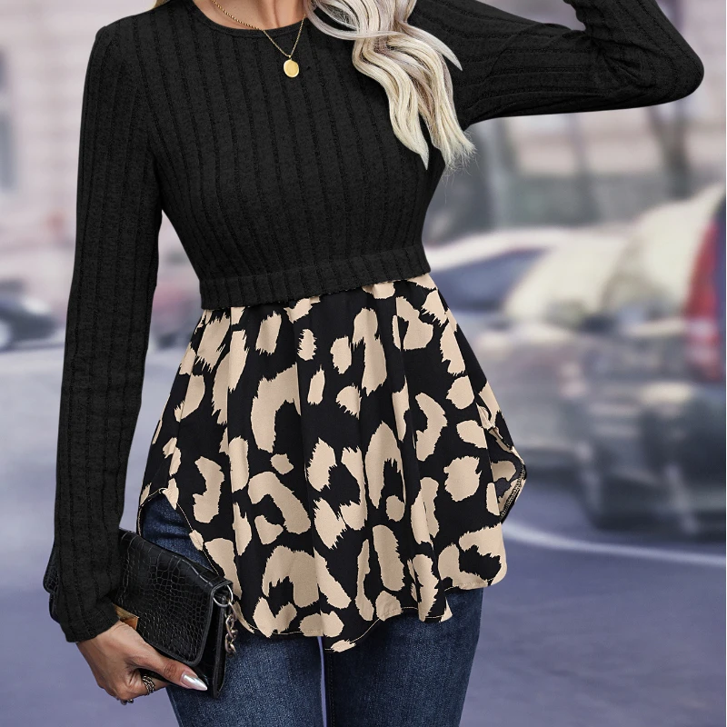 

Women's Leopard Print Patchwork Long Sleeved Round Neck T-shirt Casual Color Blocked Long Sleeved Top for Women