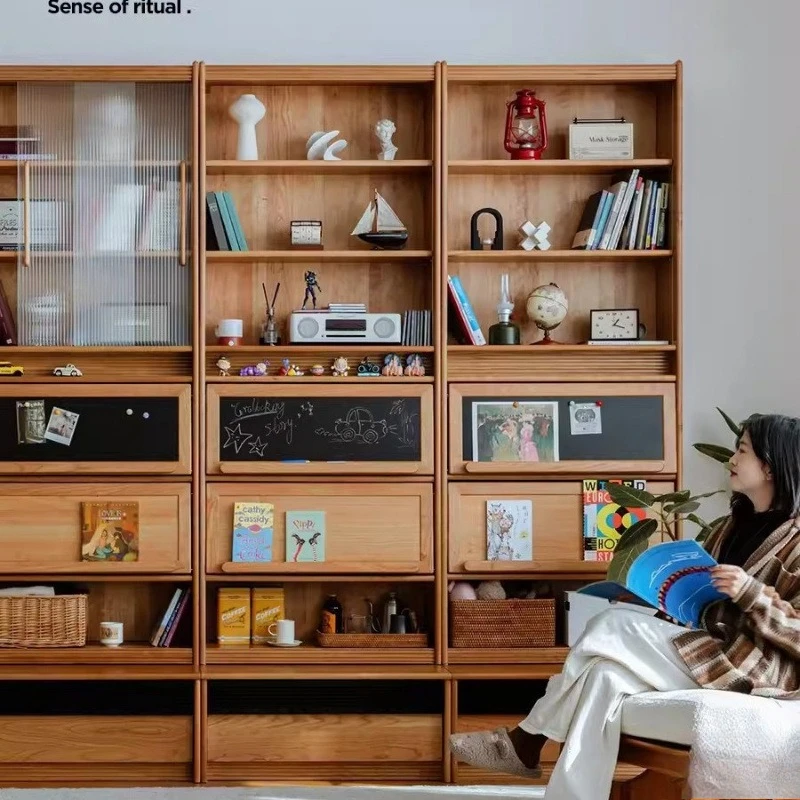 All-Solid Wood Bookcase, Cherry Wood Full Wall Bookcase Stack Integrated Combination Study Storage Cabinet