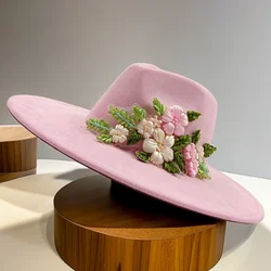 Pink Decal Suede Hat 9.5cm Wide Brim Fedora Hat Men's and Women's Autumn/Winter Jazz Hat Classic Suede Fedoras Sombrero