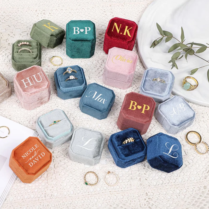 

Custom Wedding Rings Box Two Slot Square Octagon Velvet Ring Box Engagement Ring Box Personalized Wedding Ring Box