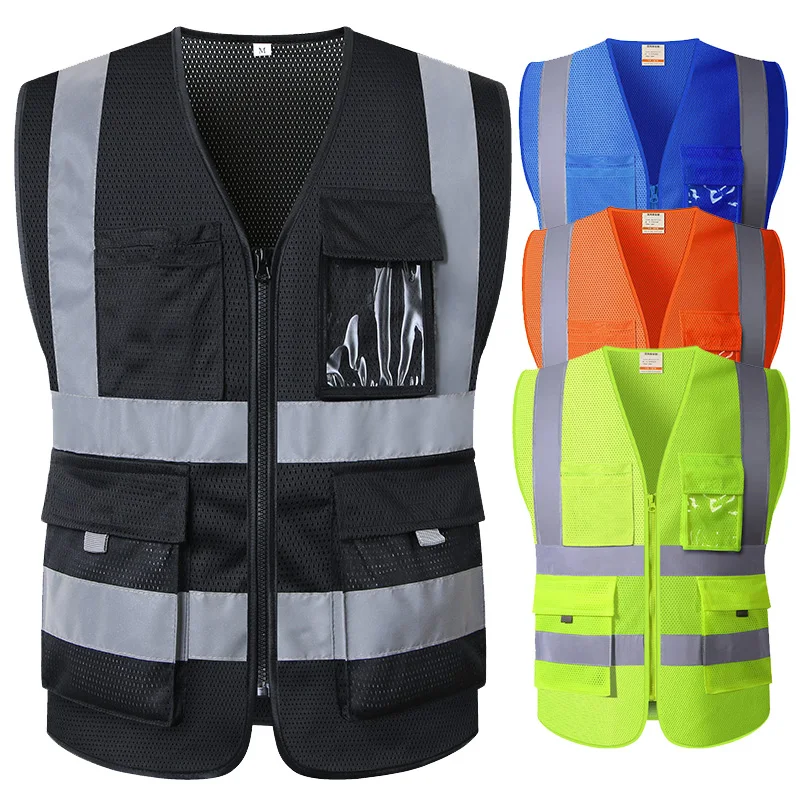 Black Safety Vest Reflective Safety Vest with Reflective Strips with Zip and Pockets Work Vest Mesh