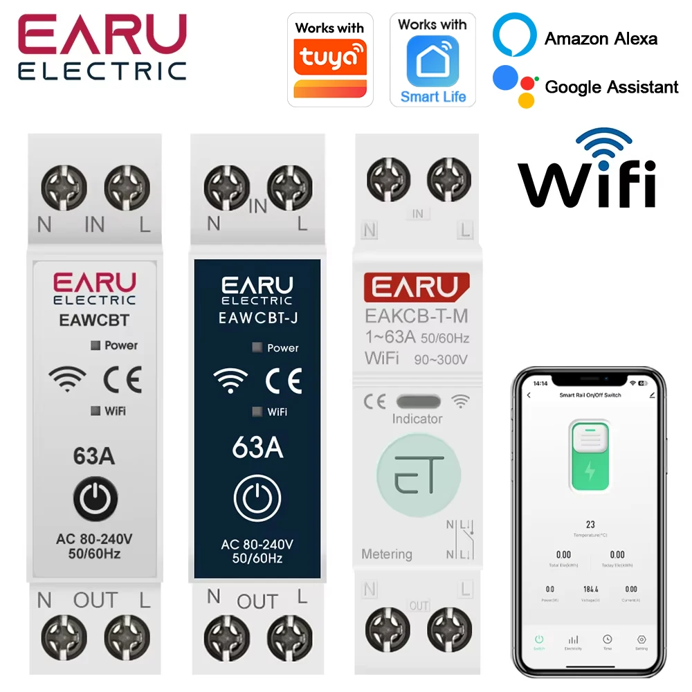 EARU Tuya WiFi Smart Circuit Breaker MCB 63A Timer Power Energy kWh Voltage Current Meter Protector Voice Remote Control Switch