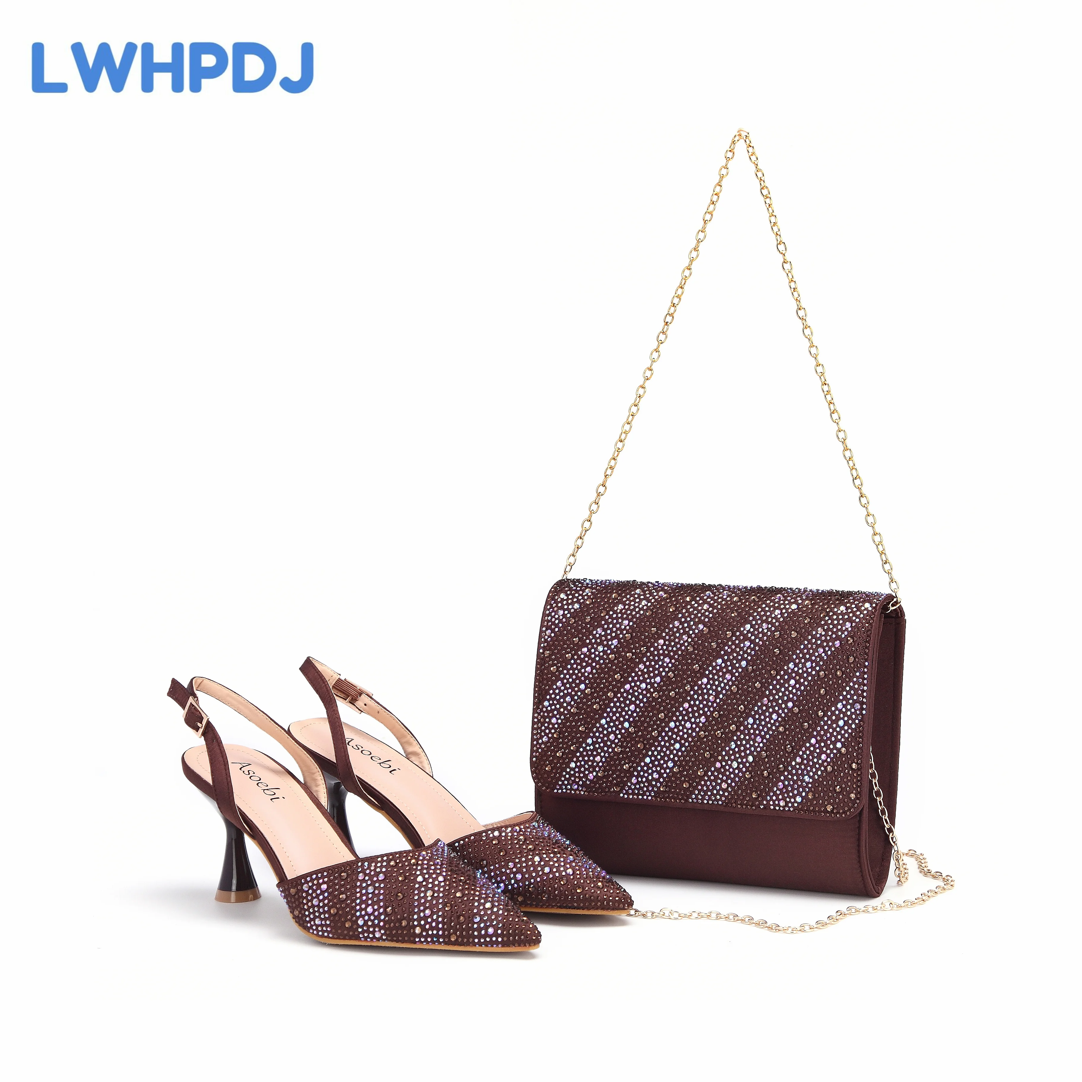 Coffee Color New INS Thin Heels Sandals Pointed Toe Full Color Water Drill Design Shoes and Bags Matching Set