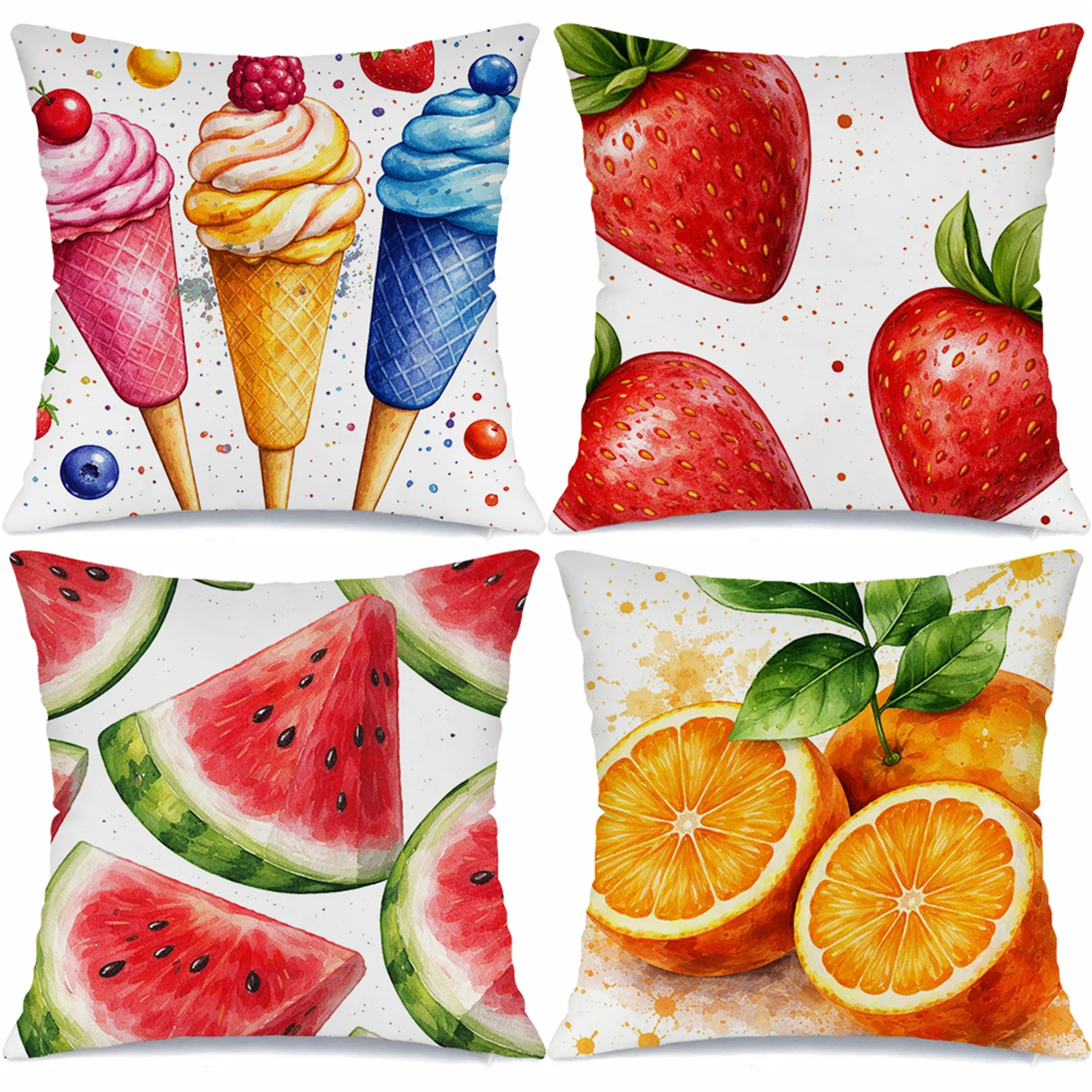 Vibrant Summer Pillow Covers, Colorful Ice Cream & Fresh Fruit Pattern Decorative Throw Cushion Cases, Refreshing Home Decor