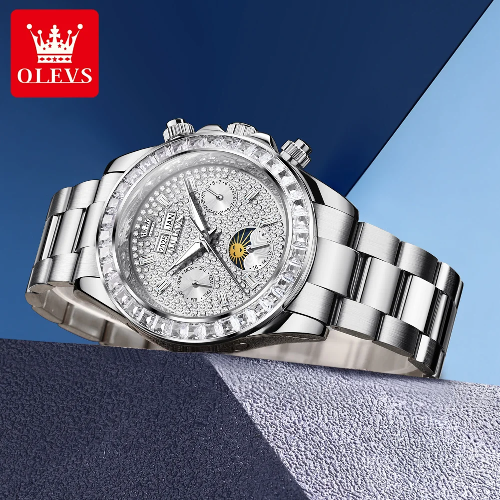 OLEVS 7038 reloj automático para hombre completamente diamante fase lunar reloj mecánico para hombre calendario Original resistente al agua relojes de pulsera para hombre