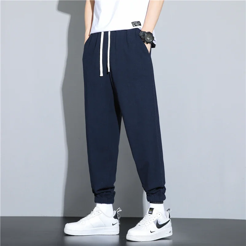 メンズコットンリネンパンツ男性秋の新通気性無地リネンズボン弾性ウエストストリートストレートパンツ男性