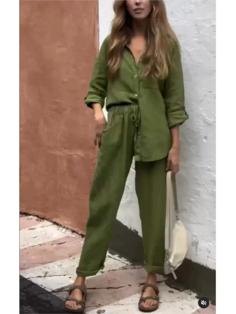 Causal Linen With Pocket Shirt Pants Suits Women Wide Leg Pants Long Sleeves Shirt Sets Ladies Loose High Street 2 Piece Outfits
