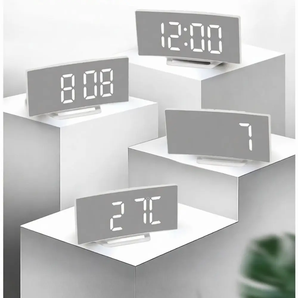 LED Curved Mirror Digital Clock Alarm Table Watch Modern Electronic Timepiece Multifunctional Home Decor Device