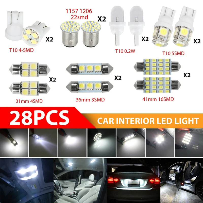 28Pcs T10 W5W Auto Car Interior LED Light Dome License Plate Mixed Lamp Interior Dome Light Trunk Lamp Parking Bulbs Set